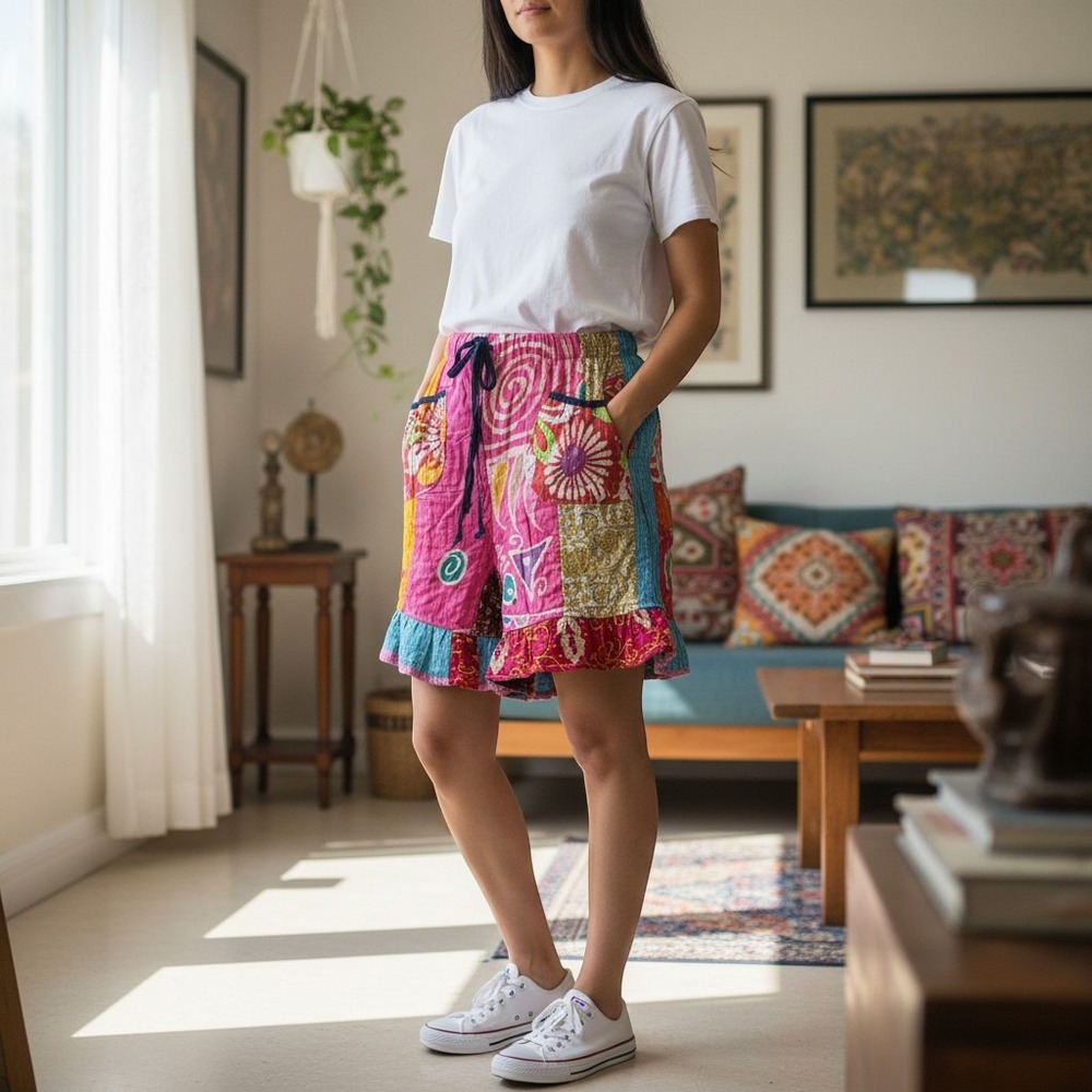 Kaantha Karma NWOT SZ Large -1X Vibrant Kantha Patchwork High Waist Shorts
